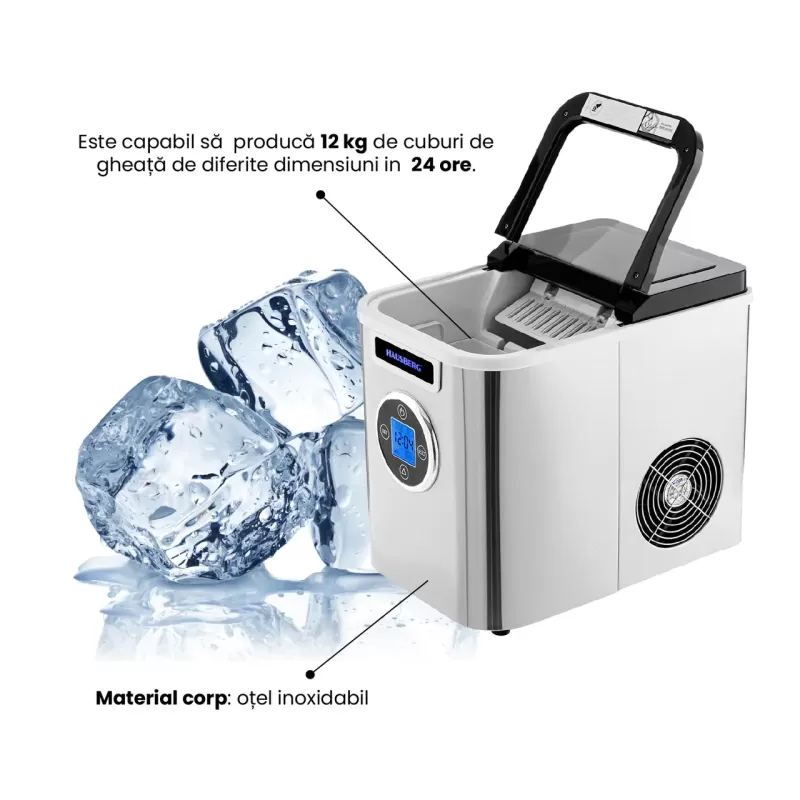 Aparat de preparat gheata HAUSBERG HB-6020, capacitate vas apa 2.2 litri, productie cuburi gheata 12 kg / 24 ore, capacitate de stocare 0.8 kg, posibilitate selectare dimensiune cuburi, argintiu