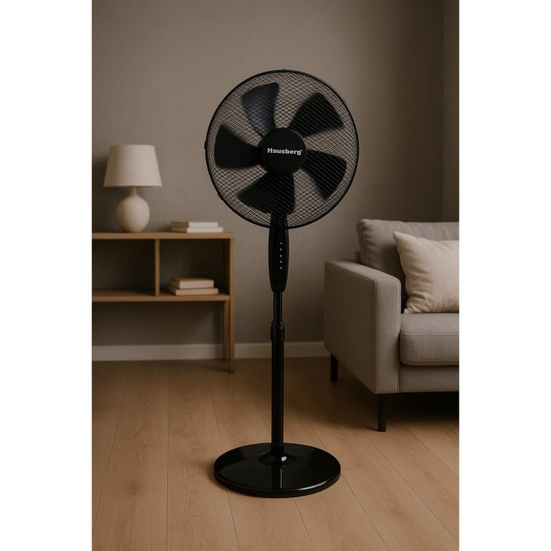 Ventilator cu picior Hausberg HB-5200 Speed, 40W-55W, 40 cm, 3 viteze, timer 1-2 ore, oscilatie, inaltime reglabila, negru