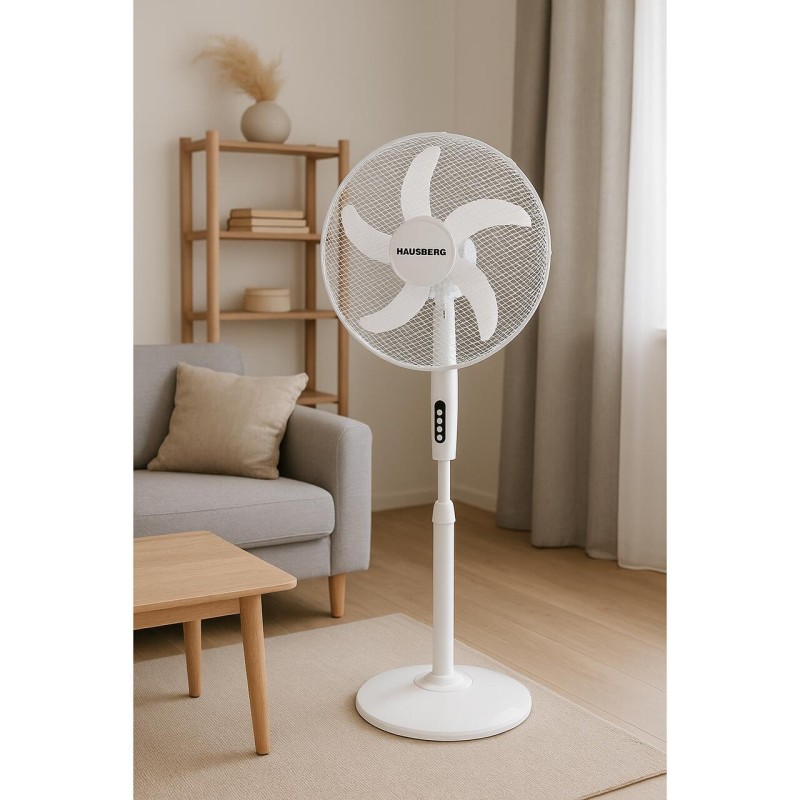 Ventilator cu picior Hausberg HB-5870AB, 55W, 46 cm, 3 viteze, temporizator 60 min, indicator LED, alb