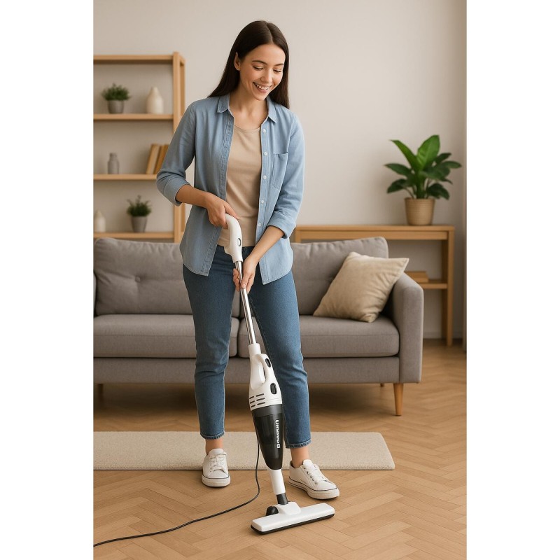 Aspirator vertical 2 in 1 HAUSBERG HB-2025AB, fara sac, aspirare uscata, filtru Hepa, 0.5 L, 600W, Alb-Negru