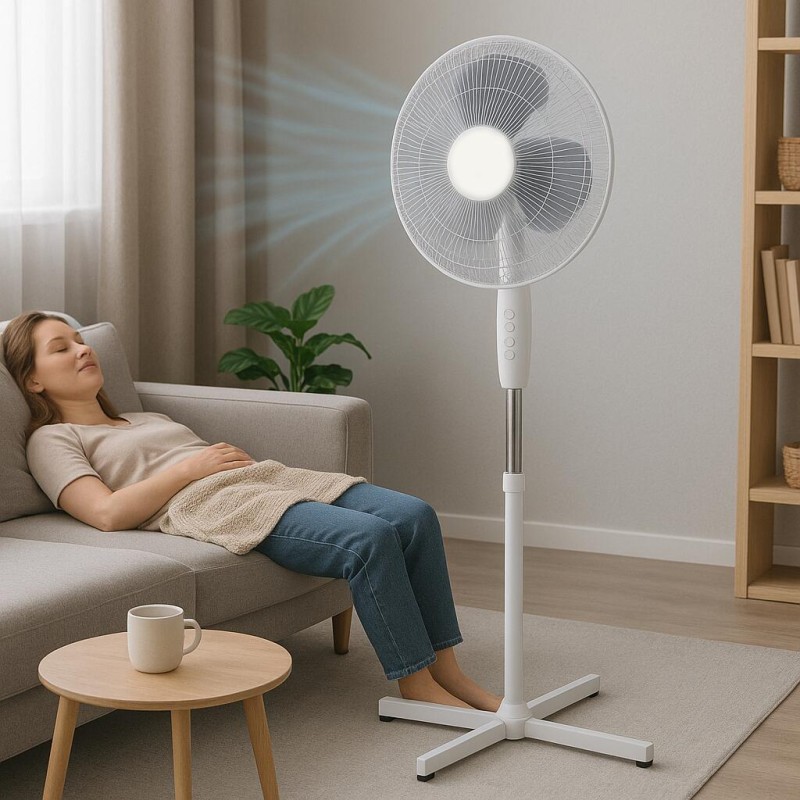 Ventilator cu picior Hausberg XB-110, 45W, 16 inch, 3 viteze, oscilatie, inaltime reglabila, alb