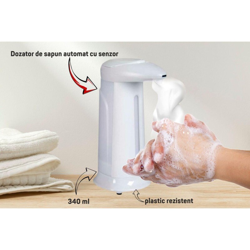 Dozator de sapun automat cu senzor, 340 ml, plastic rezistent, 4 baterii AAA, 1.5V inclus, Alb