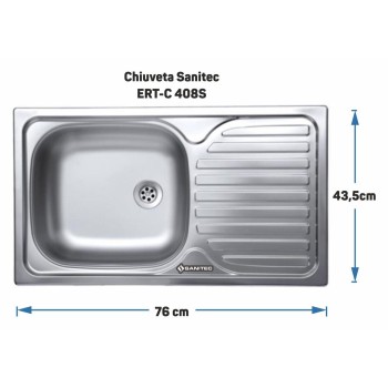 Chiuveta Sanitec ERT-C 408S, pentru blat, cuva stanga, anticalcar, 76x43,5cm, Inox
