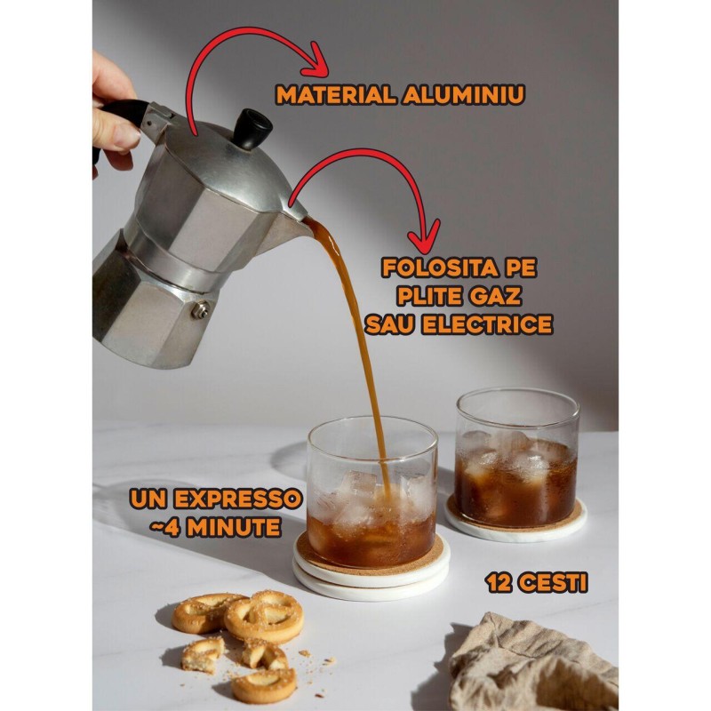 Cafetiera Ertone ERT-MN 453, 360ML, Pentru 12 cesti, material aluminiu