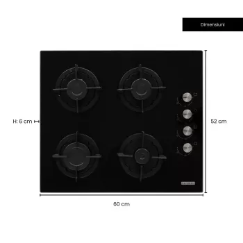 Plita incorporabila Hausberg HB-567NG, Gaz, 4 arzatoare, Sistem de siguranta GAZ, Gratar din fonta, Material Sticla, Negru
