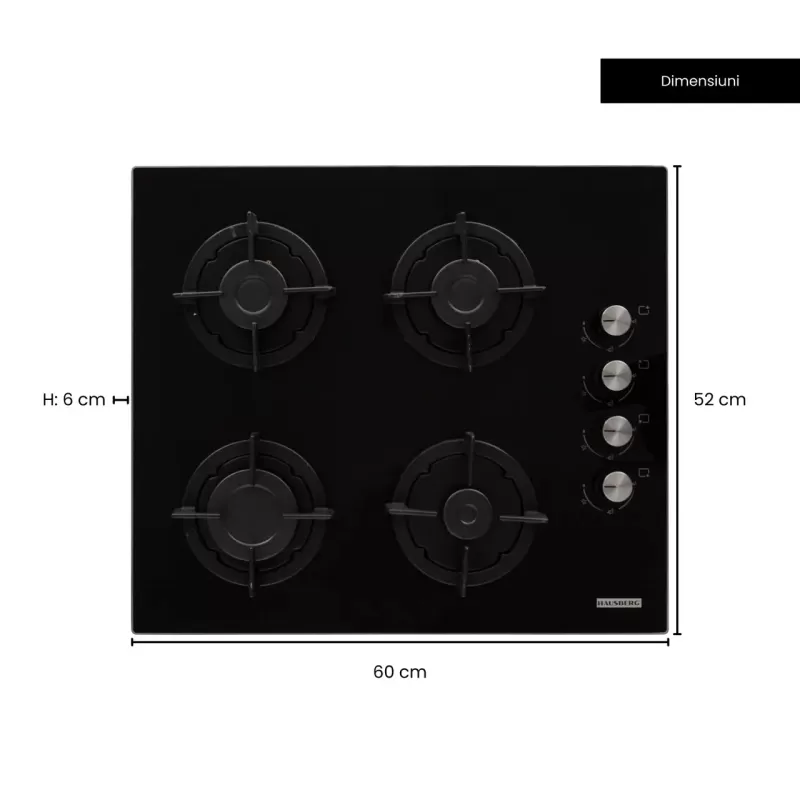 Plita incorporabila Hausberg HB-567NG, Gaz, 4 arzatoare, Sistem de siguranta GAZ, Gratar din fonta, Material Sticla, Negru