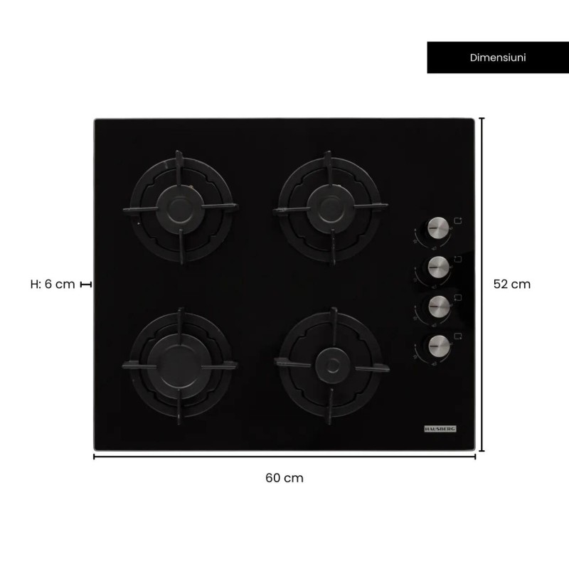 Pachet incorporabil HAUSBERG Cuptor electric HB-8051IN, 2000 W, 76 l, 4 Functii, Clasa A, Plita HB-567NG, Gaz, 4 arzatoare, Sistem de siguranta GAZ, Gratar din fonta, Material Sticla, Negru/Inox