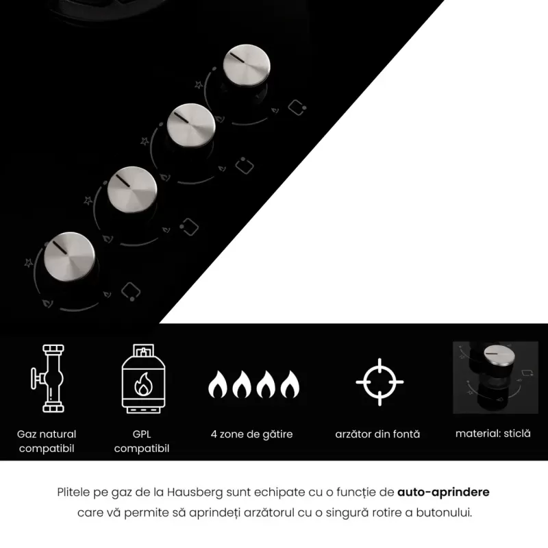Plita incorporabila Hausberg HB-567NG, Gaz, 4 arzatoare, Sistem de siguranta GAZ, Gratar din fonta, Material Sticla, Negru