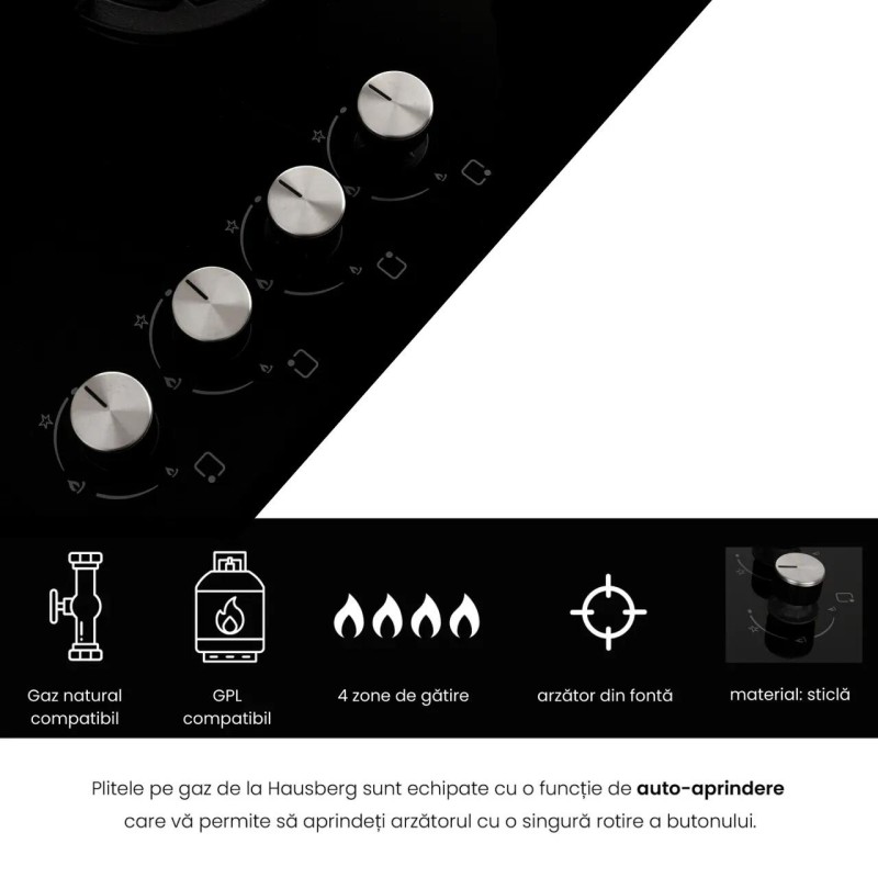 Pachet incorporabil HAUSBERG Cuptor electric HB-8051IN, 2000 W, 76 l, 4 Functii, Clasa A, Plita HB-567NG, Gaz, 4 arzatoare, Sistem de siguranta GAZ, Gratar din fonta, Material Sticla, Negru/Inox