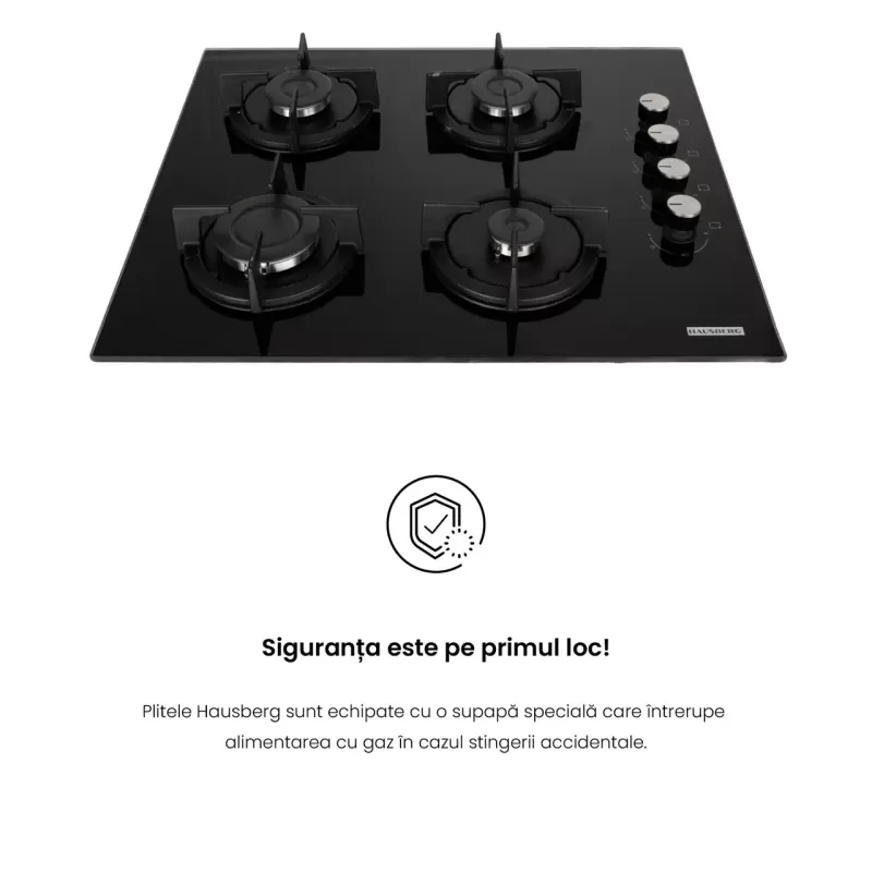 Plita incorporabila Hausberg HB-567NG, Gaz, 4 arzatoare, Sistem de siguranta GAZ, Gratar din fonta, Material Sticla, Negru