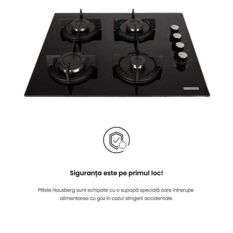 Pachet incorporabil HAUSBERG Cuptor electric HB-8051IN, 2000 W, 76 l, 4 Functii, Clasa A, Plita HB-567NG, Gaz, 4 arzatoare, Sistem de siguranta GAZ, Gratar din fonta, Material Sticla, Negru/Inox