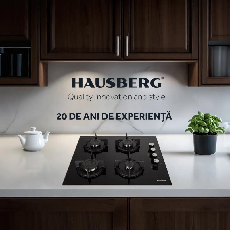 Pachet incorporabil HAUSBERG Cuptor electric HB-8051IN, 2000 W, 76 l, 4 Functii, Clasa A, Plita HB-567NG, Gaz, 4 arzatoare, Sistem de siguranta GAZ, Gratar din fonta, Material Sticla, Negru/Inox