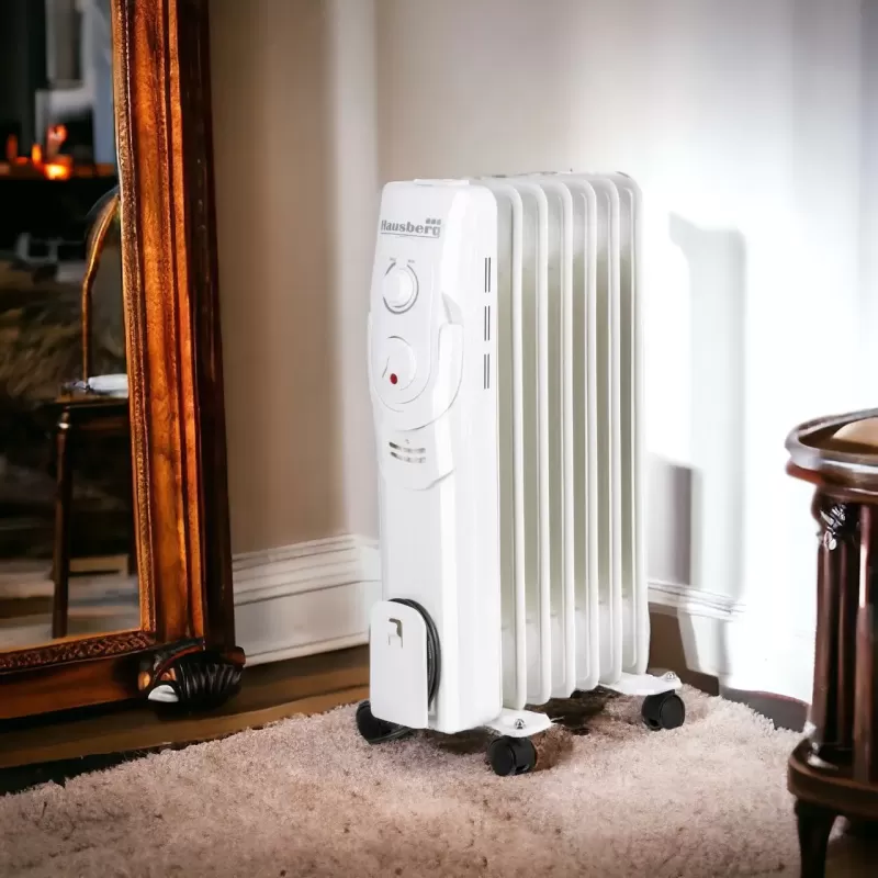 Calorifer electric Hausberg HB-8900AB, 1500 W, 7 elementi, 3 nivele de putere, termostat reglabil