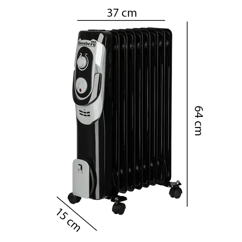 Calorifer electric Hausberg HB-8910NG, 2000 W, 9 elementi, 3 nivele de putere, termostat reglabil, Negru