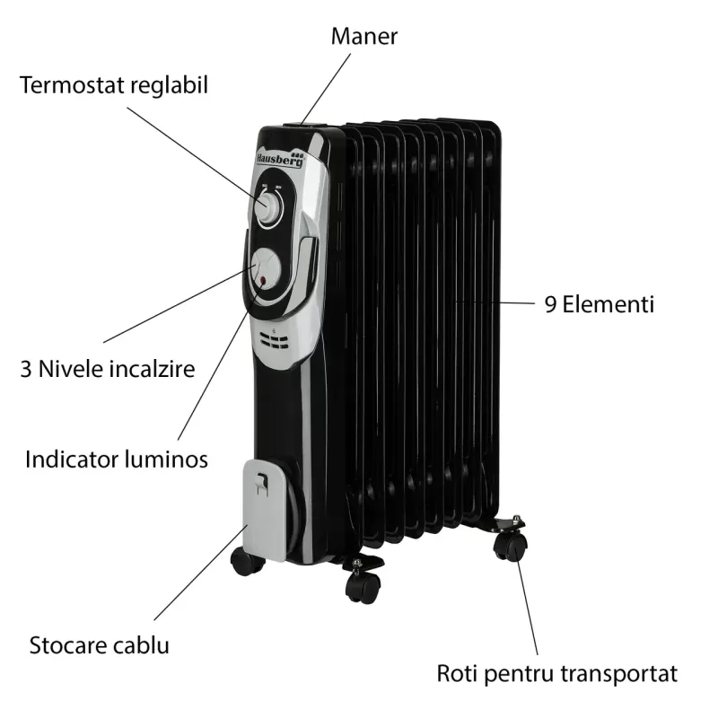 Calorifer electric Hausberg HB-8910NG, 2000 W, 9 elementi, 3 nivele de putere, termostat reglabil, Negru
