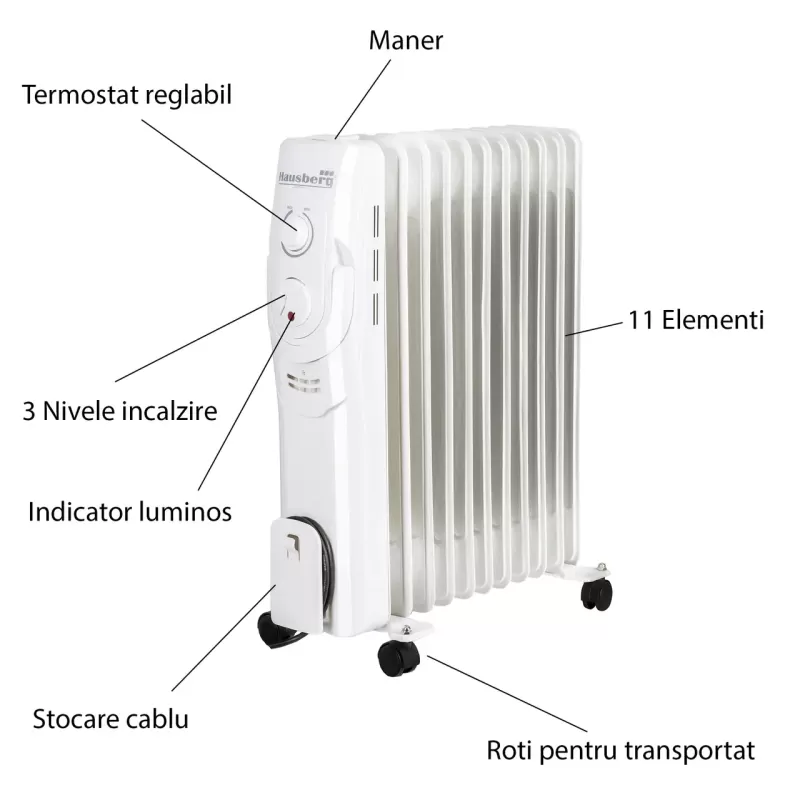 Calorifer electric Hausberg HB-8920AB, 2500 W, 11 elementi, 3 nivele de putere, termostat reglabil, Alb