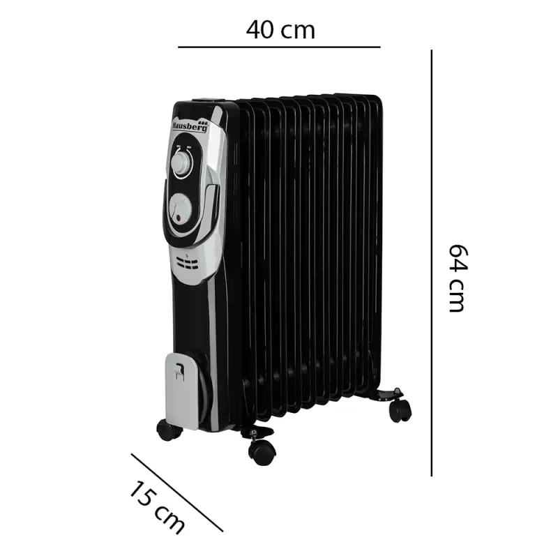Calorifer electric Hausberg HB-8920NG, 2500 W, 11 elementi, 3 nivele de putere, termostat reglabil, Negru