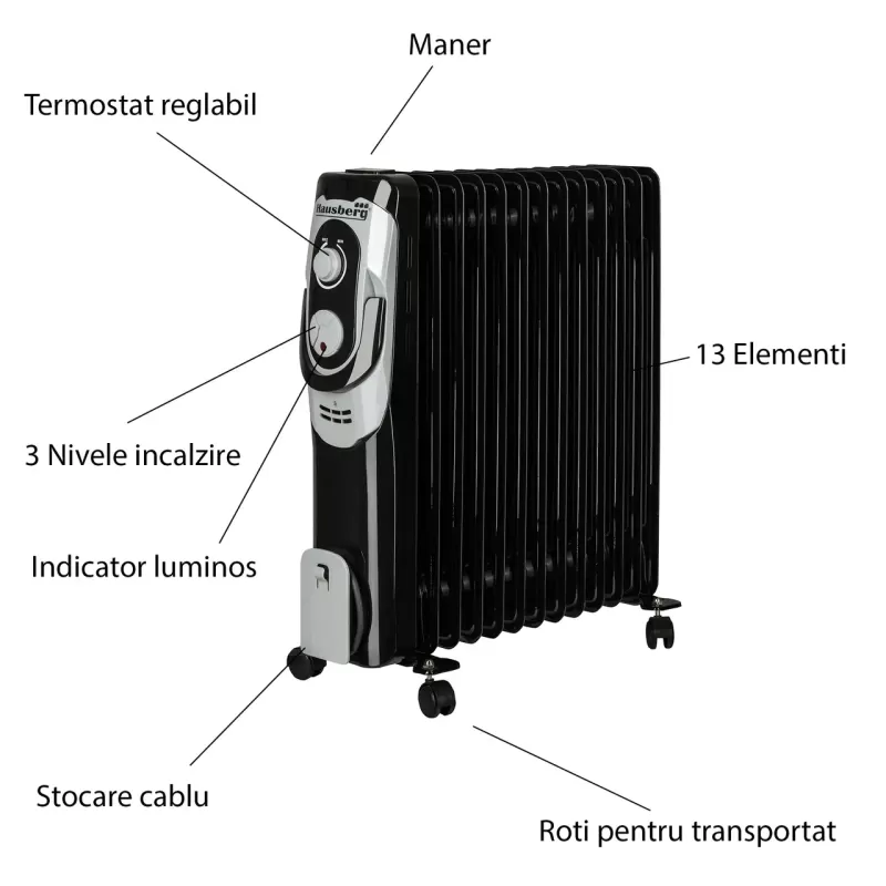 Calorifer electric Hausberg HB-8930NG, 2500 W, 13 elementi, 3 nivele de putere, termostat reglabil, Negru