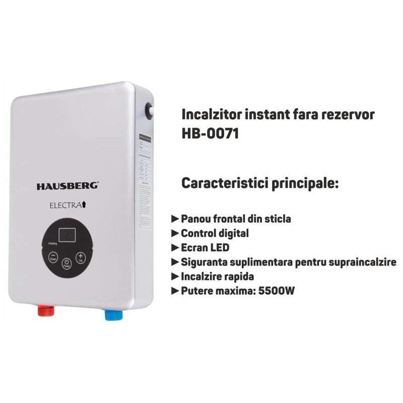 Incalzitor instant fara rezervor Hausberg HB-0071, putere max 5500W 220v, panoul frontal din sticla, control digital, Alb