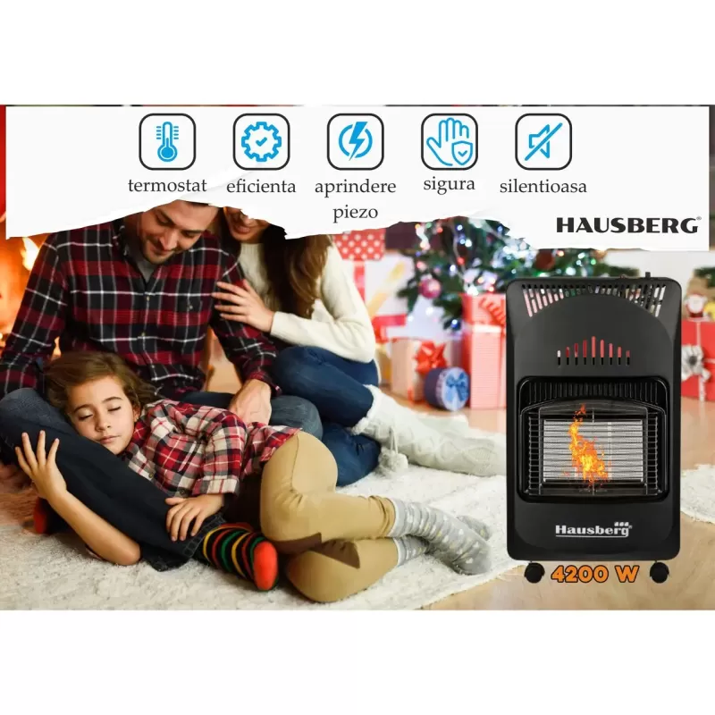 Pachet Soba pe gaz GPL Hausberg HB-1010NG, aprindere piezo-electrica, 4.2kW, Negru, Ceas butelie, 1m furtun gaz MN2015 si 2 coliere furtun