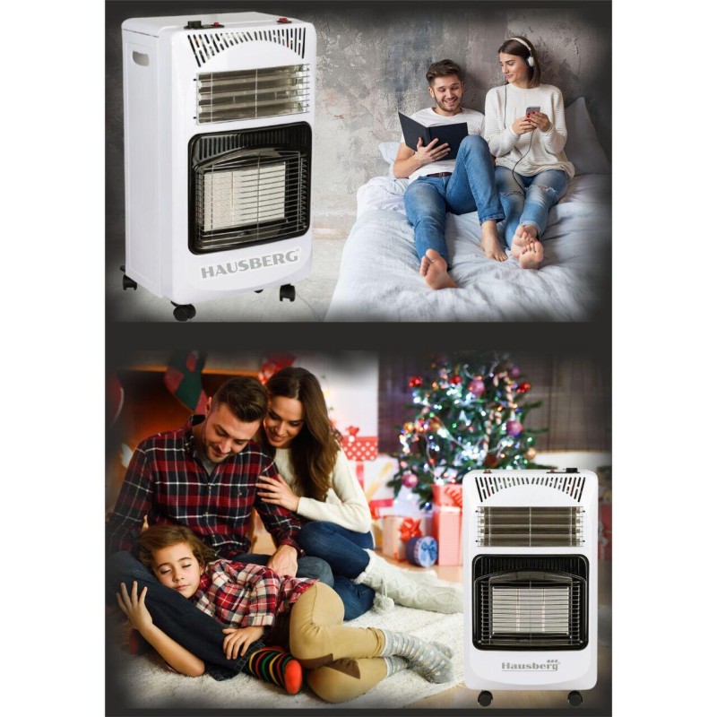 Pachet Soba pe gaz GPL (butelie) Hausberg HB-1010AB, aprindere piezo-electrica, 4.2kW, Alb, Ceas butelie, 1m furtun gaz MN2015 si 2 coliere furtun