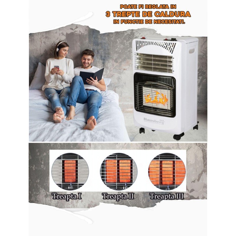 Pachet Soba pe gaz GPL (butelie) si electric Hausberg HB-1020AB, aprindere piezo-electrica, 4.2kW, Alb, Ceas butelie, 1m furtun gaz MN2015 si 2 coliere furtun