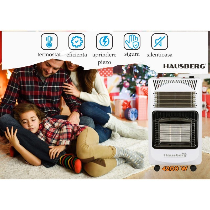 Pachet Soba pe gaz GPL (butelie) Hausberg HB-1010AB, aprindere piezo-electrica, 4.2kW, Alb, Ceas butelie, 1m furtun gaz MN2015 si 2 coliere furtun
