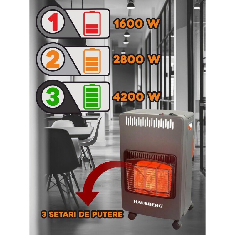 Soba pe gaz GPL Hausberg HB-1021NG, aprindere piezo-electrica, 3 placi de incalzire ceramic putere totala 4.2kW, sistem de oprire automata a gazului, Negru