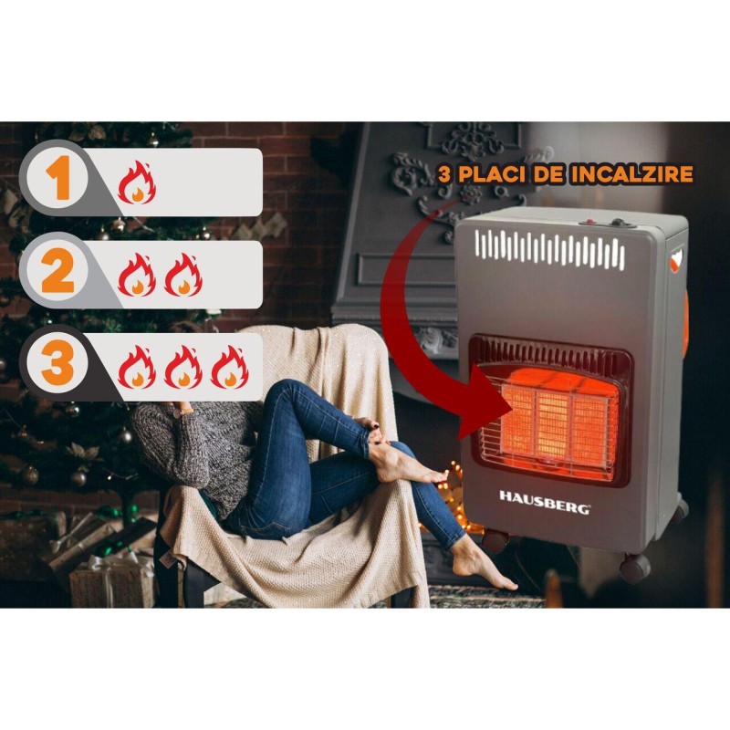 Soba pe gaz GPL Hausberg HB-1021NG, aprindere piezo-electrica, 3 placi de incalzire ceramic putere totala 4.2kW, sistem de oprire automata a gazului, Negru