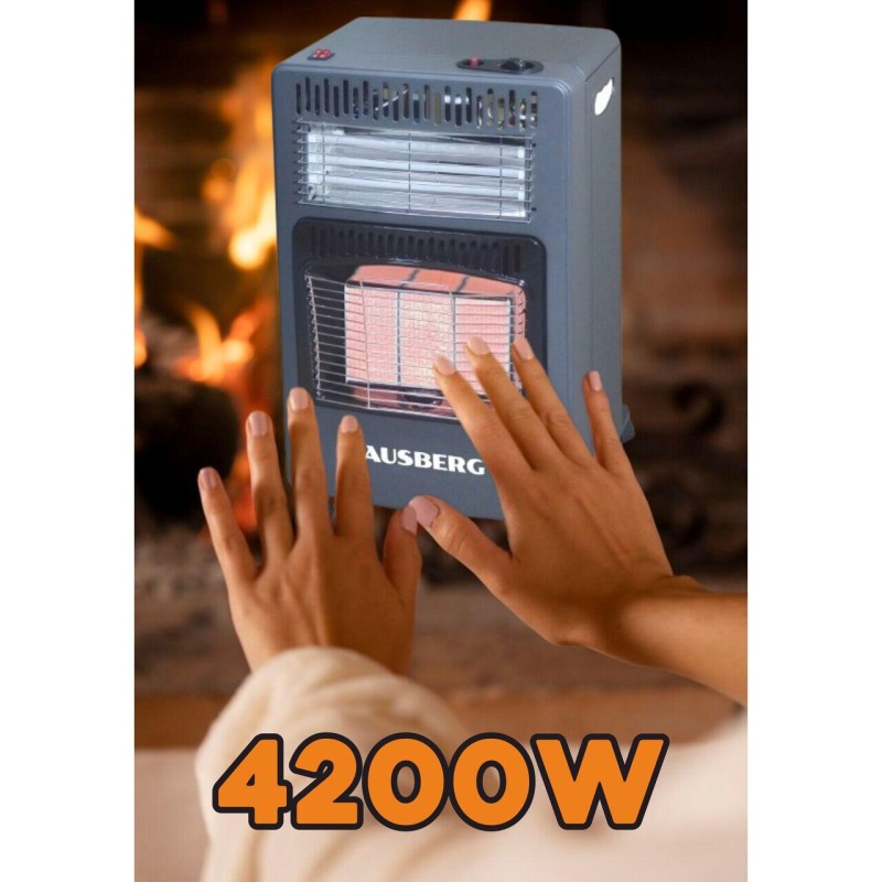 Soba pe gaz GPL si electrica Hausberg HB-1022NG, aprindere piezo-electrica, 3 placi de incalzire ceramic putere totala 4.2kW, sistem de oprire automata a gazului, Negru