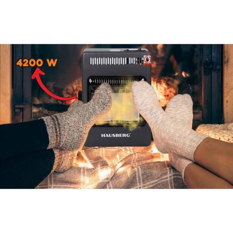 Mini Soba pe gaz GPL Hausberg HB-1023NG, aprindere piezo-electrica, 3 placi de incalzire ceramic putere totala 4.2kW, sistem de oprire automata a gazului, Negru