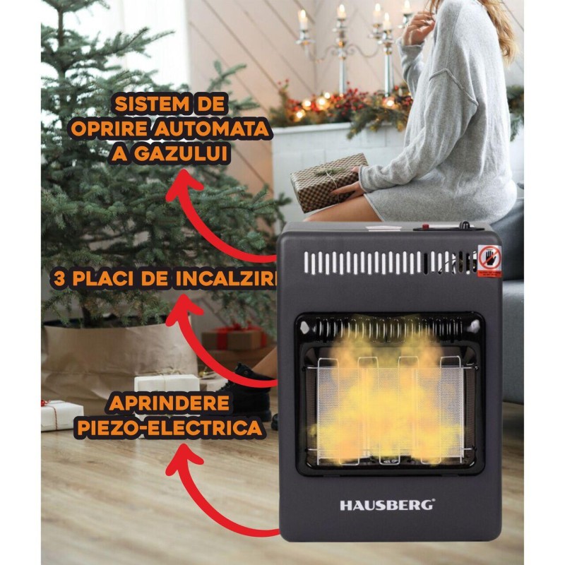 Mini Soba pe gaz GPL Hausberg HB-1023NG, aprindere piezo-electrica, 3 placi de incalzire ceramic putere totala 4.2kW, sistem de oprire automata a gazului, Negru