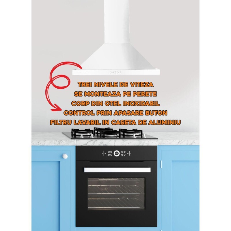 Hota incorporabila decorativa Hausberg HB-1260AB, Putere de absorbtie 450 m3/h, 1 motor, 60 cm, Alb