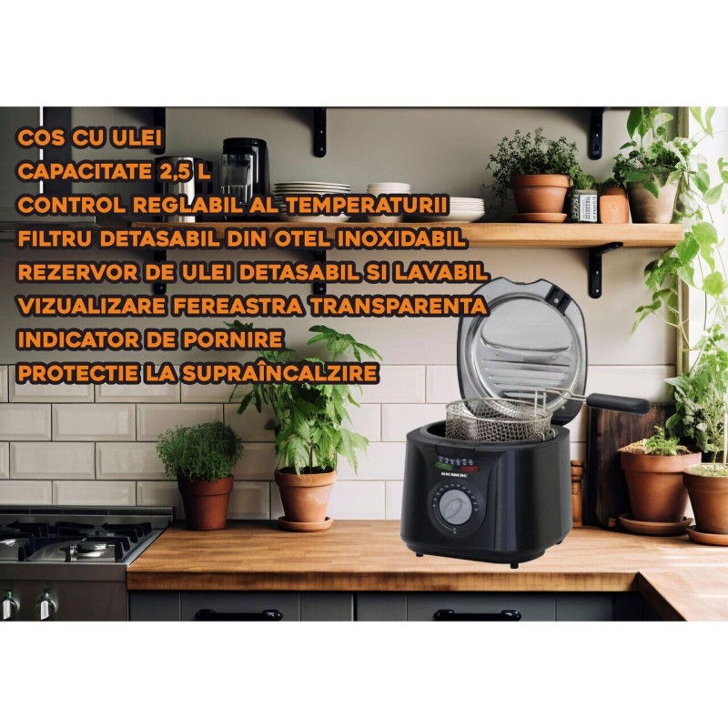 Friteuza HAUSBERG HB-1331NG, 1450 W, 2.5 litri, termostat reglabil 0 - 190 grade C, filtru detasabil din otel inoxidabil, cos cu ulei, protectie supraincalzire, picioare antiderapante, Negru