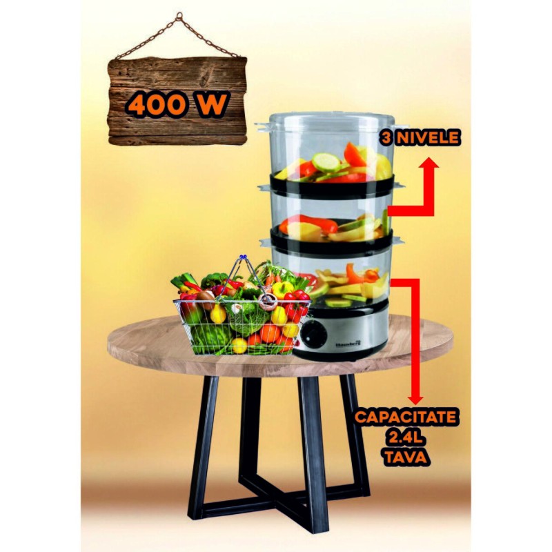 Aparat de gatit cu aburi Hausberg HB-1355, Putere 400 W, 7.2 L, 3 tavi demontabile, capacitate: 2.4 L /tava, Argintiu