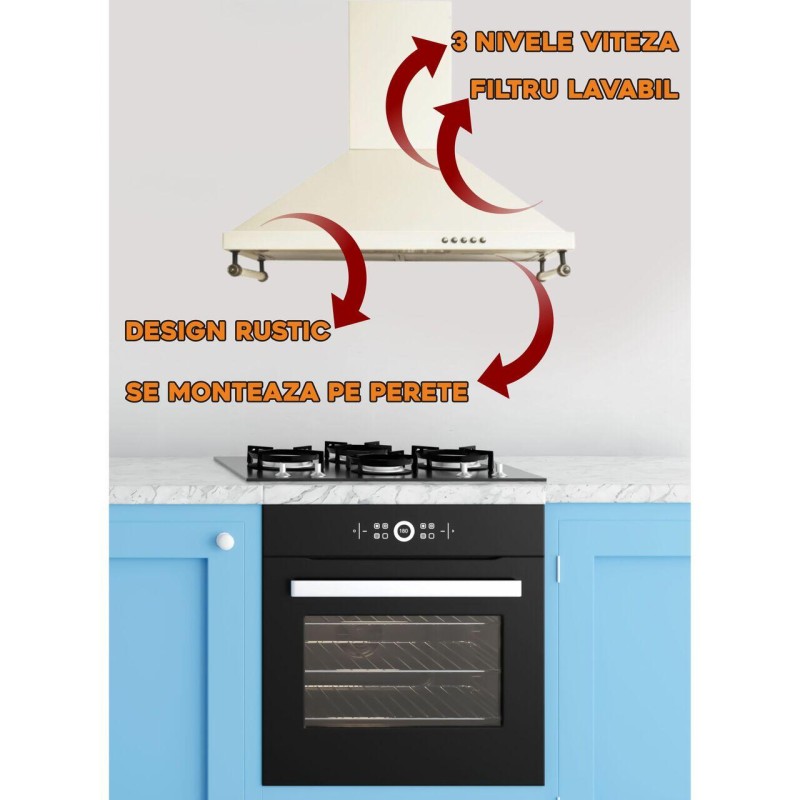 Hota decorativa rustica Hausberg HB-1500, Putere absorbtie 450 m3/h, 1 motor, 60 cm otel inoxidabil