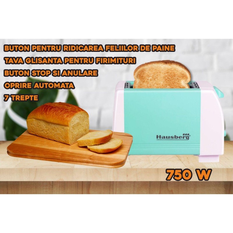 Prajitor de paine HAUSBERG HB-150BL, 750 W, capacitate 2 felii, 7 trepte reglare temperatura, oprire automata, Bleu