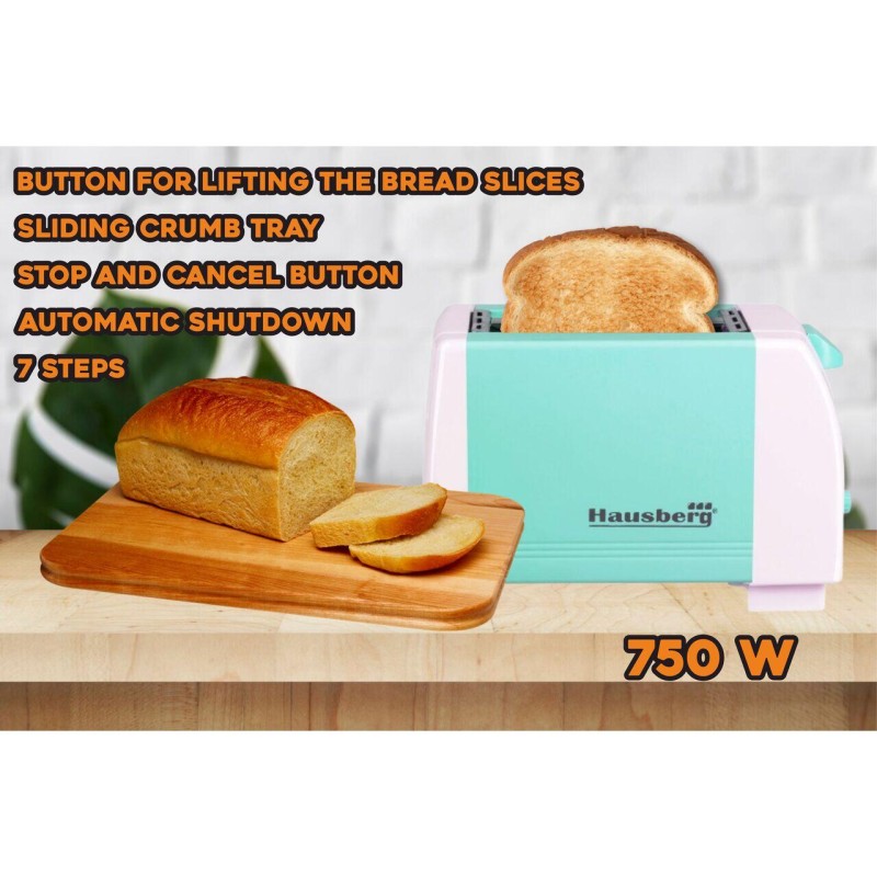 Prajitor de paine HAUSBERG HB-150BL, 750 W, capacitate 2 felii, 7 trepte reglare temperatura, oprire automata, Bleu