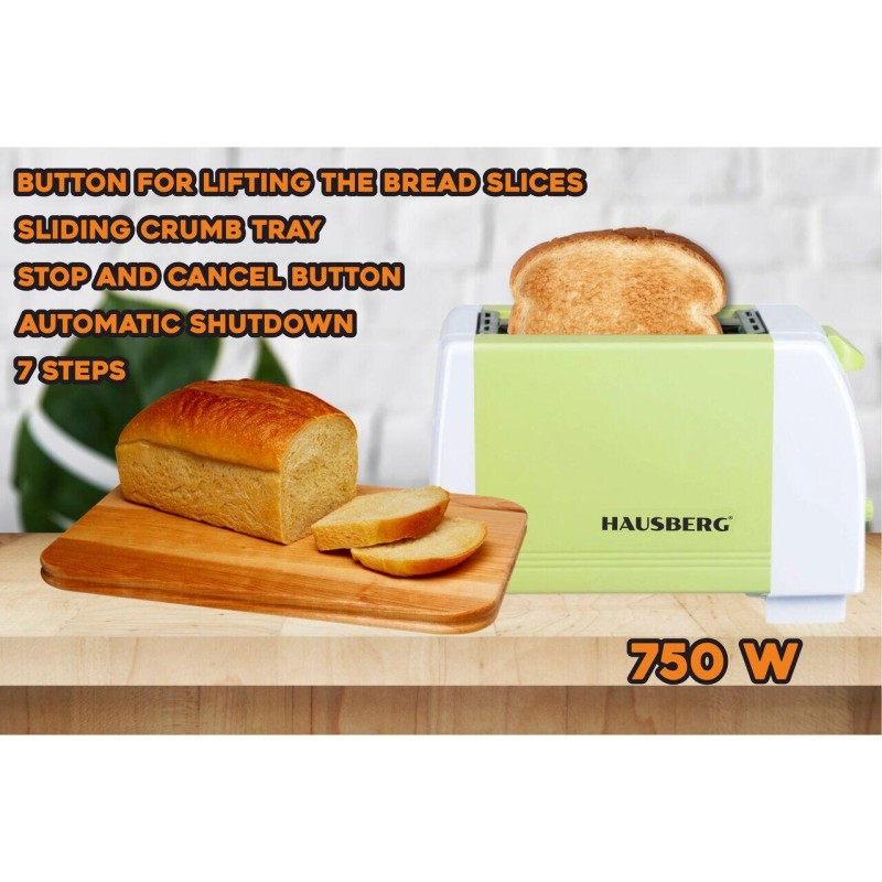 Prajitor de paine HAUSBERG HB-150VR, 750 W, capacitate 2 felii, 7 trepte reglare temperatura, oprire automata, Verde