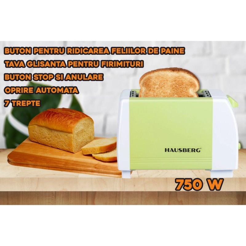 Prajitor de paine HAUSBERG HB-150VR, 750 W, capacitate 2 felii, 7 trepte reglare temperatura, oprire automata, Verde