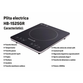 Plita electrica Hausberg HB-1525GR, Gri, 2000W, Un arzator, Touch Screen