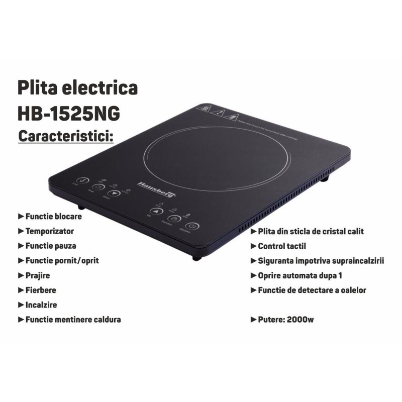 Plita cu inductie Hausberg HB-1525NG, 2000W, Touch control, o zona de gatit, Negru