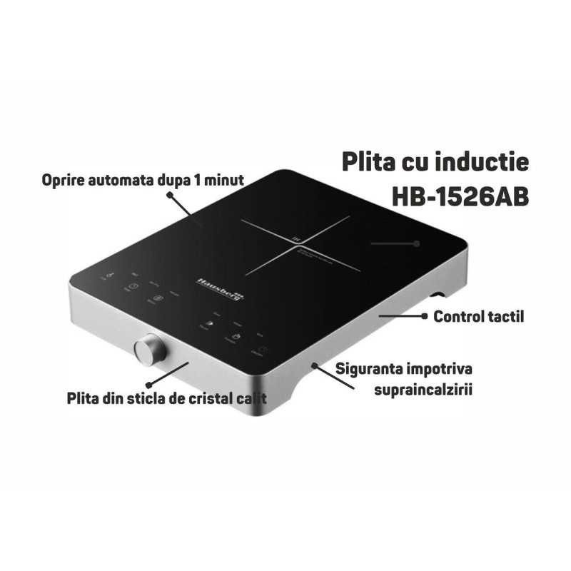 Plita cu inductie Hausberg HB-1526AB, 2000W, control tactil, o zona de gatit