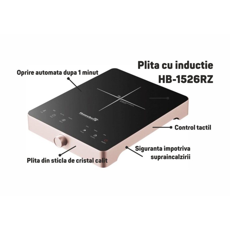 Plita cu inductie Hausberg HB-1526RZ, Roz, 2000W, control tactil, o zona de gatit