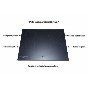 Plita incorporabila HAUSBERG HB-1537, Vitroceramica, 4 zone de gatit, 9 trepte de putere, 3200 W, Touch control, Timer, Sticla Neagra
