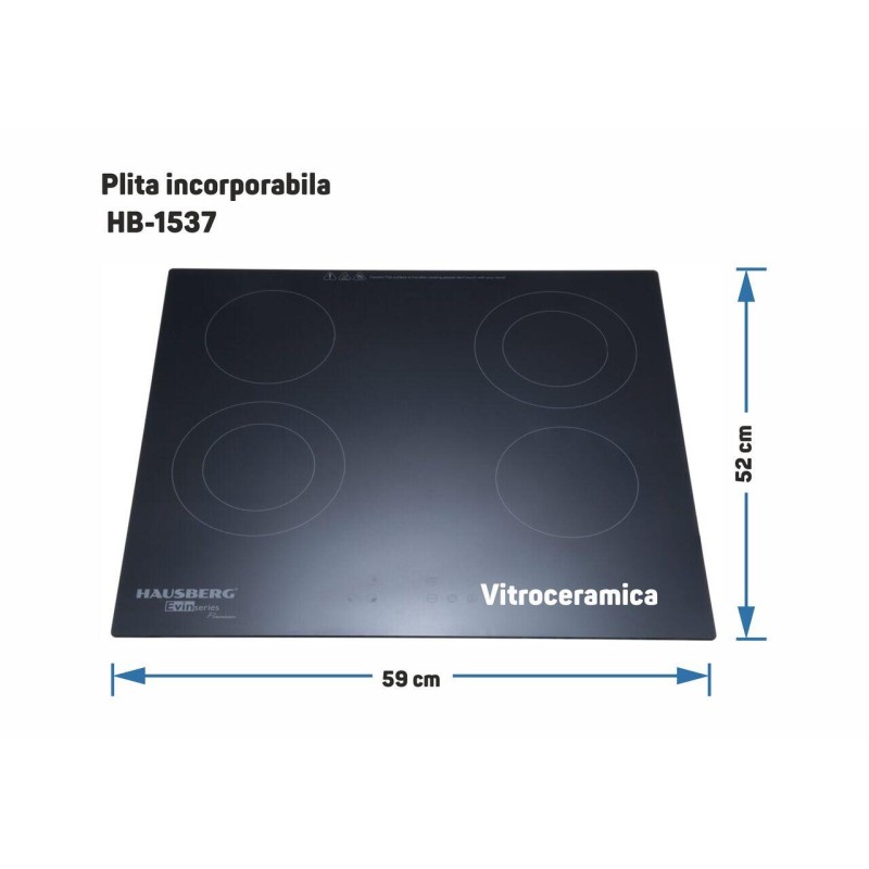 Plita incorporabila HAUSBERG HB-1537, Vitroceramica, 4 zone de gatit, 9 trepte de putere, 3200 W, Touch control, Timer, Sticla Neagra