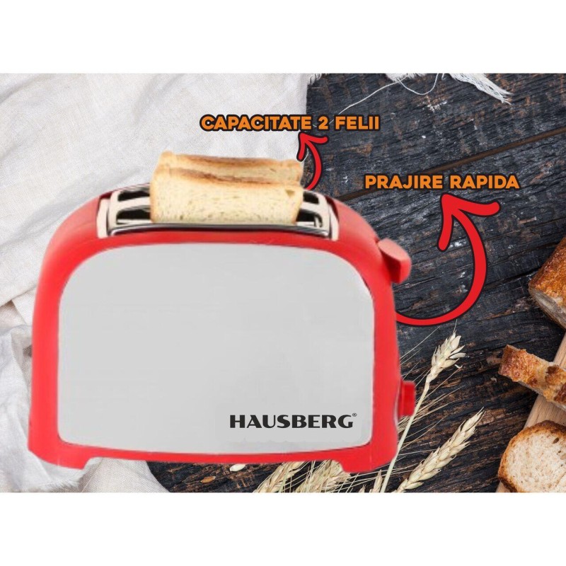 Prajitor paine 2 felii Hausberg, HB-190RS, 750W, declansare automata, Rosu