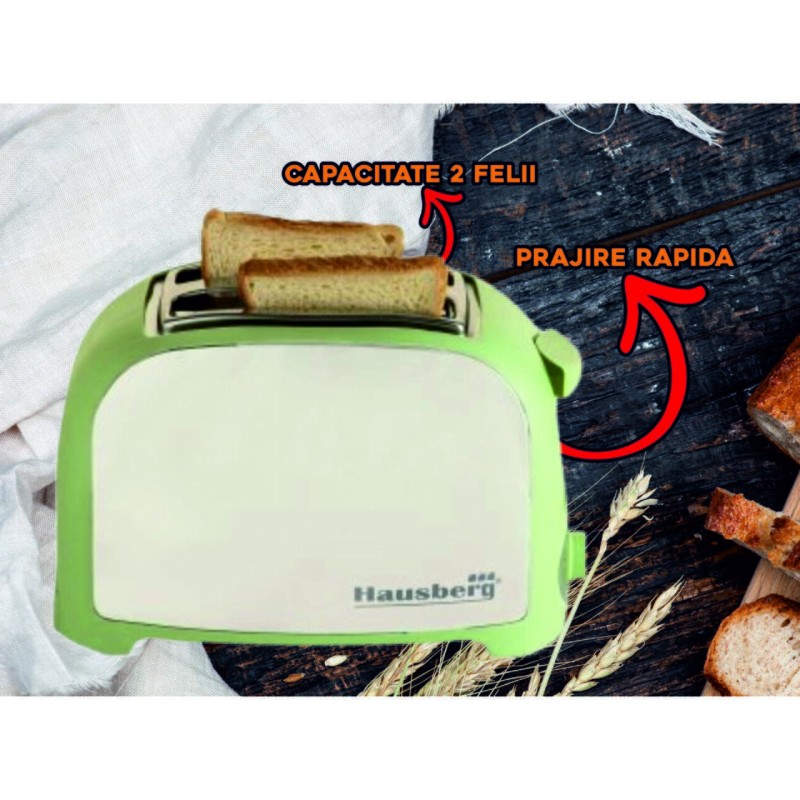 Prajitor paine 2 felii Hausberg, HB-190VR, 750W, declansare automata, Verde
