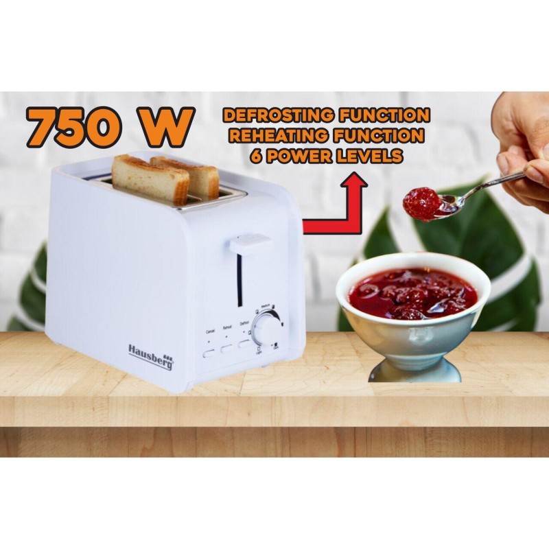 Prajitor de paine Hausberg HB-195A, 750 W, 2 felii, functie decongelare, functie reincalzire, 6 trepte putere, Alb