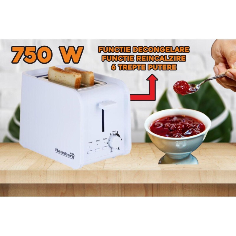 Prajitor de paine Hausberg HB-195A, 750 W, 2 felii, functie decongelare, functie reincalzire, 6 trepte putere, Alb